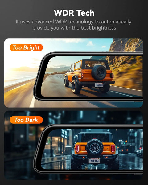 12 Inch 4K Front Dash Cam With 1080P Rear, Smart Mirror Backup System for Cars, showing WDR tech effectiveness in bright and dark scenes.