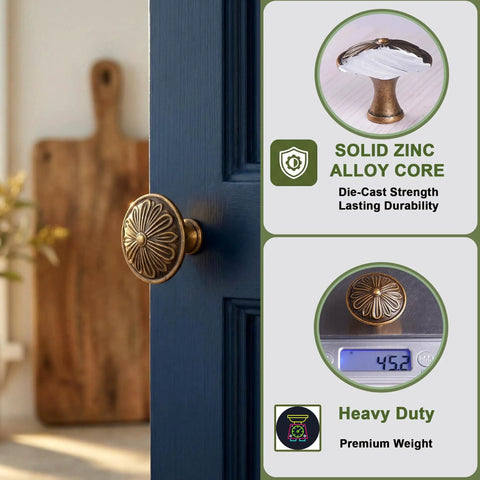 Old School Brass Cabinet Knob Set, Solid Zinc Alloy 1.4 Inch Round Handles, mounted on a blue cabinet door with scale measurement.