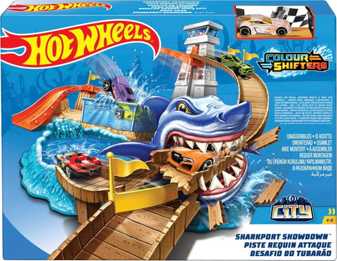 Box of Hot Wheels Color Shifters Sharkport Showdown Track Set with 1 64 Scale Car Dual Color Change Zones Dunk Tank and Splash Pool