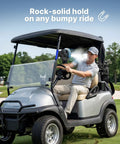 Magnetic Golf Cart Fan With Misting And 12000mAh Battery attached to EZGO golf cart on bumpy terrain, misting in action