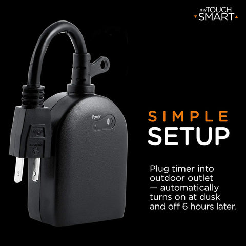 Single Plug In Outdoor Timer With Built In Light Sensor To Auto Trigger At Sunset And Switch Off After Six Hours For Weather Resistant Landscape Fixtures And Seasonal Decor That Guarantees Zero Headaches, close-up of plug with power indicator.