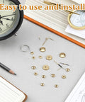 12 Pcs Brass Clock Hand Nut Assortment Set With 5mm 6mm 10mm OD shown with clock and tools for easy installation.