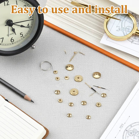 12 Pcs Brass Clock Hand Nut Assortment Set With 5mm 6mm 10mm OD shown with clock and tools for easy installation.