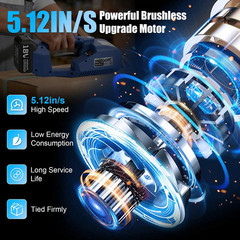 Pro Electric Strapping Machine For One Half To Five Eight Inch Pet Straps showing powerful brushless motor and battery.