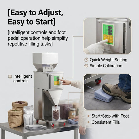 Straight Up Reliable Automatic Granule Filler Machine With Digital Scale Pro Level 304 Stainless Steel Powder Doser in use with foot pedal.