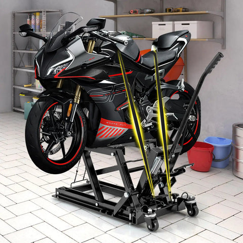 Motorcycle on Beefed Up 1500 Lbs Hydraulic Motorcycle Lift For Dirt Bikes ATVs And UTVs With Footplates Long Handle Four Wheels And Two Ratchet Belts 4.7 To 15 Inch Lifting Range Reliable Jack Stand in garage setting