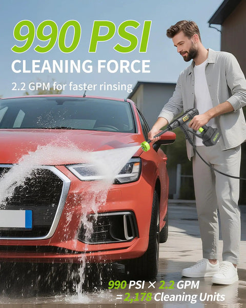 Man using Cordless Handheld Washer With 775 Motor And 990 PSI, Battery Powered Portable Car And Outdoor Cleaner on red car