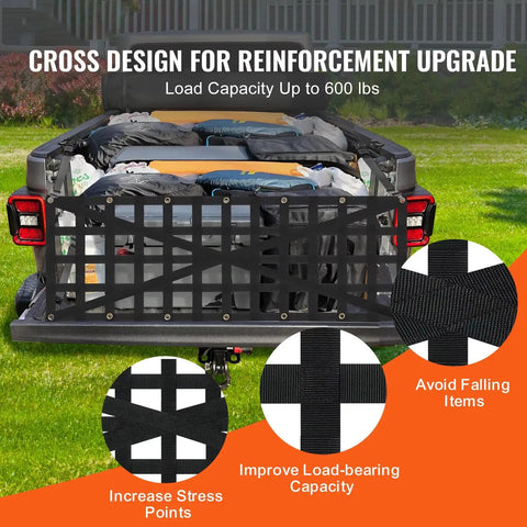 Heavy Duty Truck Tailgate Cargo Net For Tesla Cybertruck With Bulletproof Reinforced Polyester Webbing, cross design for load support.