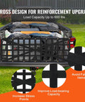 Heavy Duty Tailgate Cargo Net For Tesla Cybertruck displays cross design and bags secured in cargo bed, handles 600 lbs.