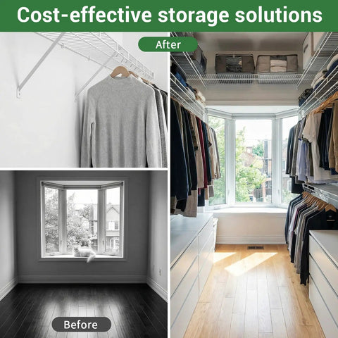 8 Pack White Steel Wire Shelf Brackets 17 Inch Heavy Duty Closet Support for organized clothing storage in a transformed closet.