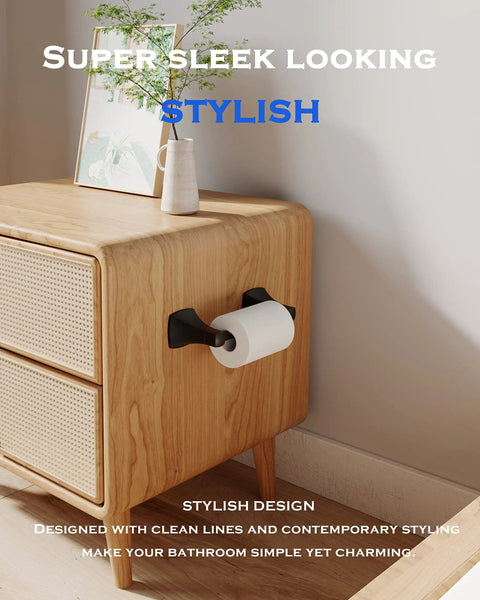 Matte Black Toilet Paper Holder With Double Post Pivoting Roll Bar Wall Mount Built From Stainless Steel And Zinc Alloy mounted on wood
