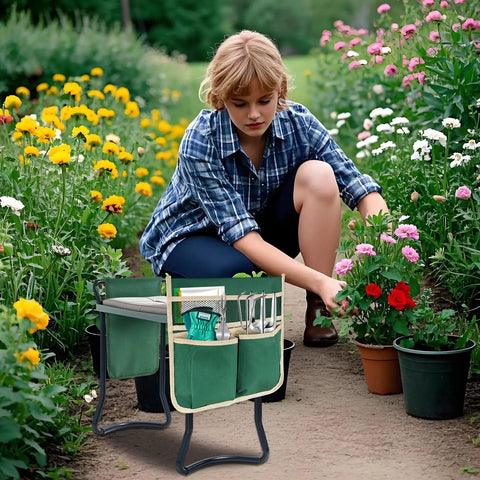 Person gardening with 2 Pack Garden Pouches For Kneeler And Outdoor Tool Storage Bags With Multiple Pockets Lightweight 600D Oxford Cloth