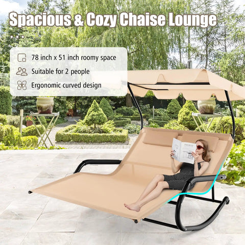 Two Person Outdoor Lounge Chair With Adjustable Canopy, Wheels, Detachable Pillows, Extra Large Double Patio Hammock Bed in garden
