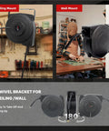 Heavy Duty Retractable Air Hose Reel With 1/4 Inch By 45 Feet Hybrid Hose Max 300 Psi Plus Five Foot Lead In Wall Or Ceiling Mount, showing models in ceiling and wall mount.