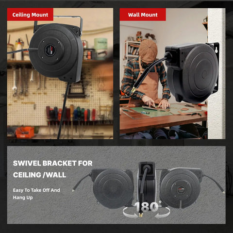 Heavy Duty Retractable Air Hose Reel With 1/4 Inch By 45 Feet Hybrid Hose Max 300 Psi Plus Five Foot Lead In Wall Or Ceiling Mount, showing models in ceiling and wall mount.