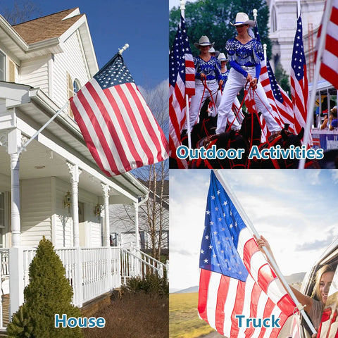 Patriotic Flag Pole Kit With 3x5 American Flag 5Ft Heavy Duty Tangle Free Pole displayed on a house, at outdoor activities, and on a truck