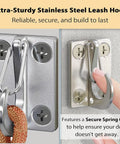Heavy Duty Stainless Steel Dog Tie Out Wall Hook Set Rustproof Indoor Outdoor Leash Mount Holds Up To 500 Lbs Wall Mounted Leash Anchor 2 Pack for Secure Parking, showing stainless steel hooks with leash.
