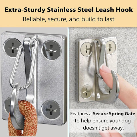 Heavy Duty Stainless Steel Dog Tie Out Wall Hook Set Rustproof Indoor Outdoor Leash Mount Holds Up To 500 Lbs Wall Mounted Leash Anchor 2 Pack for Secure Parking, showing stainless steel hooks with leash.