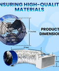QA-Deluxe 3300 Whole House Fan showing dimensions, including 17-inch fan and 8-foot duct, made with high-quality materials
