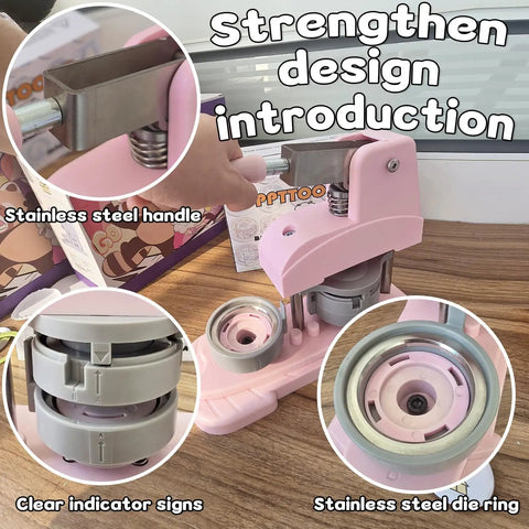 58mm Button Maker Kit For DIY Pins Includes Free Button Parts Circle Cutter Cutting Board Pattern Paper Holographic Bags Colored Film And Protective Case Pink Finish with stainless steel handle and indicator signs.