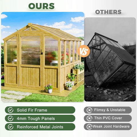 Sturdy 6x8 Ft Wood Greenhouse Kit Outdoor Heavy Duty Walk In Polycarbonate Backyard Garden Greenhouse With Adjustable Roof Vent And Reinforced Panels Easy Assembly
