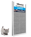 Electrostatic Reusable Air Filter 14x25x1 MERV 8 shown with durable aluminum frame, actual size 13.5x24.5x0.82 inch, cat nearby.