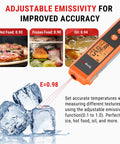 2 In 1 Infrared Thermometer With Meat Probe For Grilling And Cooking showing emissivity settings for accurate temperature