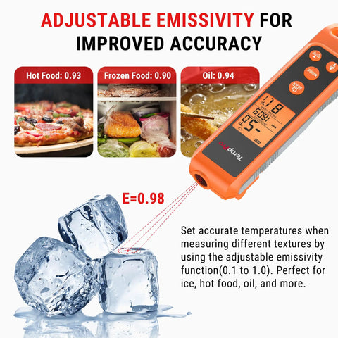 2 In 1 Infrared Thermometer With Meat Probe For Grilling And Cooking showing emissivity settings for accurate temperature