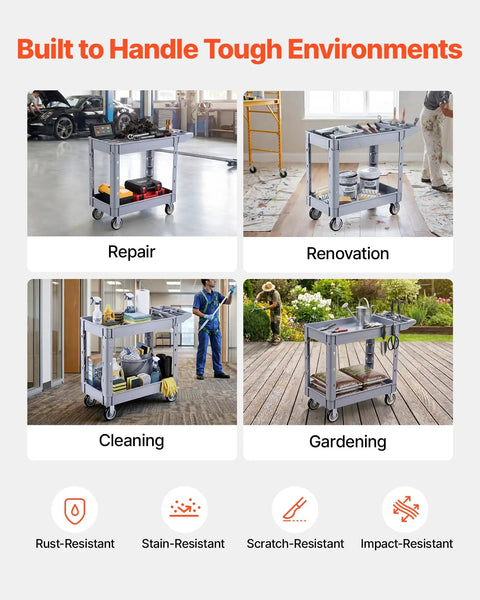 Beefy Heavy Duty Utility Cart With Two Tier Shelves 550 Lbs Capacity Heavy Plastic Rolling Cart With 360 Degree Swivel Wheels And Two Brakes Tool Storage Tray For Garage Workshop And Warehouse in repair, cleaning, and gardening