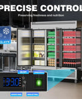 Heavy Duty Three Door Commercial Refrigerator Offering Seventy Two Cubic Feet Of Roomy Storage And Zero Fuss Stainless Steel Build For Restaurants Bars Or Garages with visible temperature control panel.