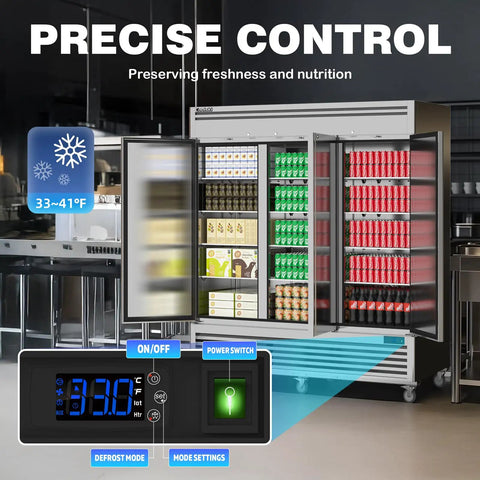 Heavy Duty Three Door Commercial Refrigerator Offering Seventy Two Cubic Feet Of Roomy Storage And Zero Fuss Stainless Steel Build For Restaurants Bars Or Garages with visible temperature control panel.
