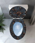 Elongated Resin Toilet Seat for Bathroom with ornate floral design, fitting standard elongated toilets.