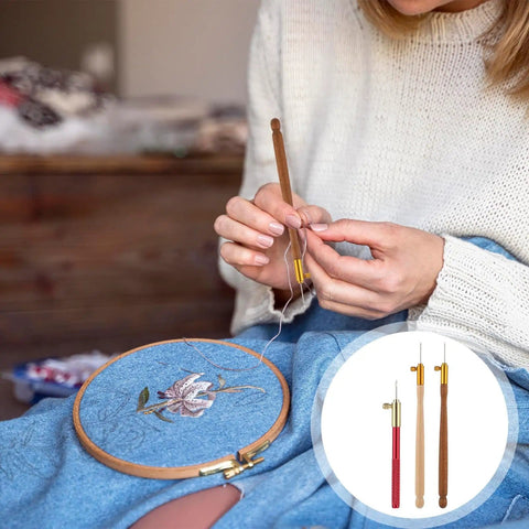 Woman using Fully Loaded Embroidery Crochet Hook Kit with wood handle, nine needles, for beading tambour and latch projects.