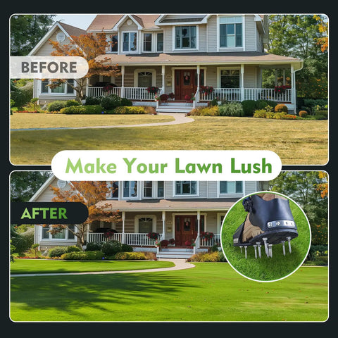 Before and after of lawn using Lawn Aerator Shoes With Ankle Protection And Adjustable Straps, promoting lush green grass