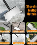 Heavy Duty Flat Shovel Scraper With 59 Inch Handle for multiple yard cleanup tasks, shown on various surfaces like snow and moss.