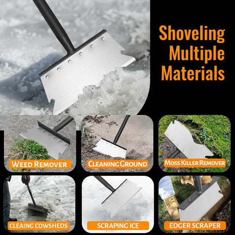 Heavy Duty Flat Shovel Scraper With 59 Inch Handle for multiple yard cleanup tasks, shown on various surfaces like snow and moss.