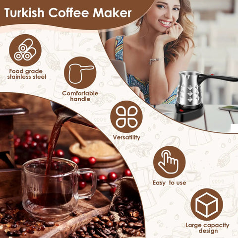 Electric Turkish Coffee Maker With Folding Handle 500Ml Stainless Steel Pot for brewing rich aromatic coffee at home or travel