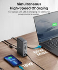 Beast 13-In-1 USB-C Docking Station With Triple Display 85W laptop charging and connected devices on wooden desk