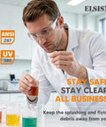 24 Pack Safety Glasses Bulk Haul Featuring Clear Polycarbonate Lenses And Rugged Wraparound Impact Shield Built For Every Shift Job Site And Workshop Eye Defense worn by a man in a lab.