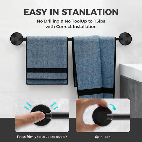 Adjustable Suction Cup Towel Bar For Bathroom Wall From 14.6 To 24 Inches Matte Black Stainless Steel with towels hanging
