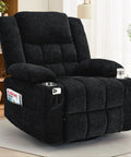 360 Degree Rotating Recliner with Massage and Heat Built-In Cup Holder Manual Tilt Plush Fabric Black Lounge Chair