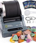 Electric Rock Tumbler Gem Polisher with accessories and colorful rough stones, perfect for DIY stone polishing projects.