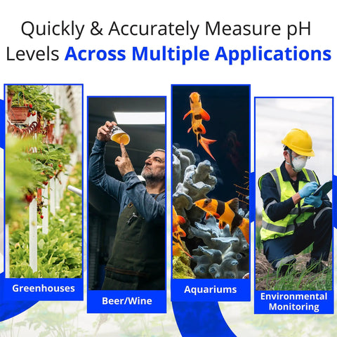 PH Pen Meter and Probe Care Kit shown in use for greenhouses, beer making, aquariums, and environmental monitoring.