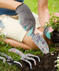 Gardener using Aluminum Garden Tool Set Four Piece With Trowel Rake Pruner And Gloves In Sturdy Box Heavy Duty Floral Pattern
