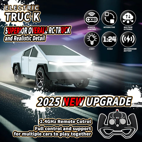Electric RC truck with futuristic design, labeled 2025 new upgrade, featuring 2.4GHz remote control and realistic detailing.