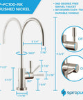 Lead Free NSF Certified Air Gap RO Faucet In Brushed Nickel with measurements and swivel handle details for easy install