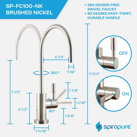 Lead Free NSF Certified Air Gap RO Faucet In Brushed Nickel with measurements and swivel handle details for easy install