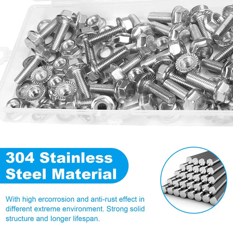 M6 Flanged Hex Head Bolts Kit, 20mm Length, 304 Stainless Steel Hardware Set With Nuts And Flat And Spring Lock Washers