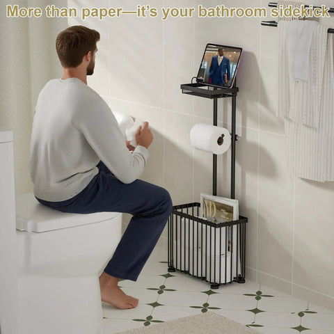 Freestanding Toilet Paper Holder With Storage Shelf No Drill Easy Roll Dispenser for Toilet Paper and Magazines in bathroom