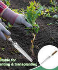 Gardener using Compact Stainless Steel Garden Hand Shovel Seed Trowel With Wooden Handle for weeding in soil.